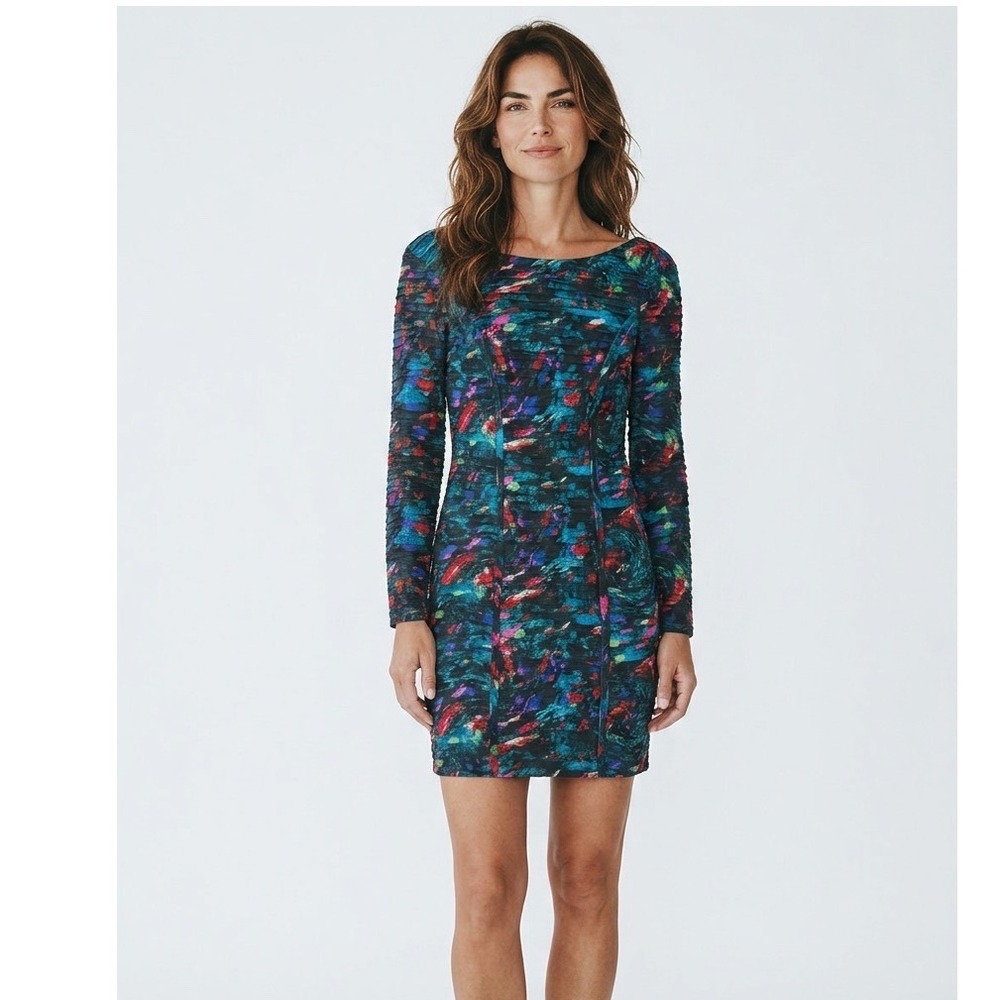 Rebecca Minkoff Silk Abstract Print Ruffle Mini Dress Teal Blue Magenta Size 10